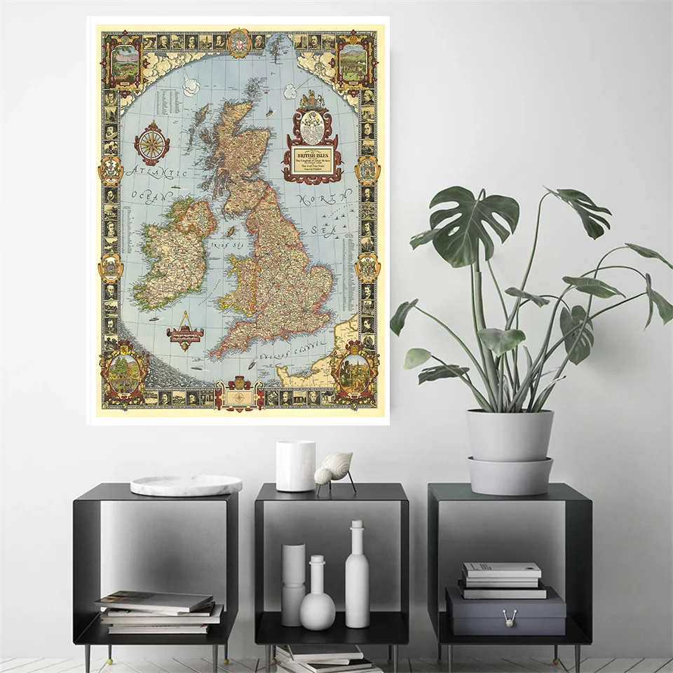 59*42cm The United Kingdom Map In 1937 with Details Wall Art Poster Canvas Painting Travel School Supplies Classroom Home Decor