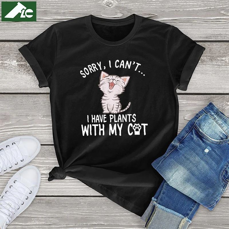 

Kawaii Cat Graphic T Shirt Women Clothing Sorry I Can't I Have Plans With My Cat Vintage Womens Shirts Harajuku Unisex MenS Tops