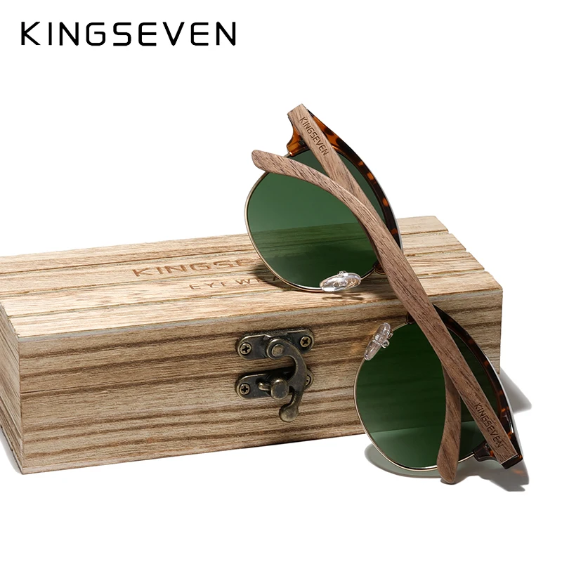 KINGSEVEN-Lunettes de soleil polarisées vintage pour hommes et femmes, monture ronde en bois, lunettes de protection, patchwork, UV400, marque