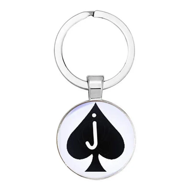 New Peach Heart Letter Q Queen Keychain Personality Poker Spades Q Club Glass Cabochon Key Ring Car Key Chain Men Hewelry