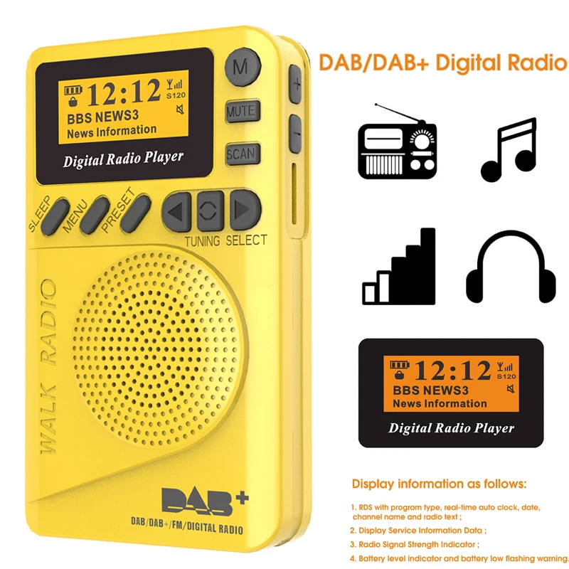 Mini Pocket DAB Digital Radio FM Receiver RDS Portable MP3 Player With LCD Display Screen Support TF Card Sleeping Time Set