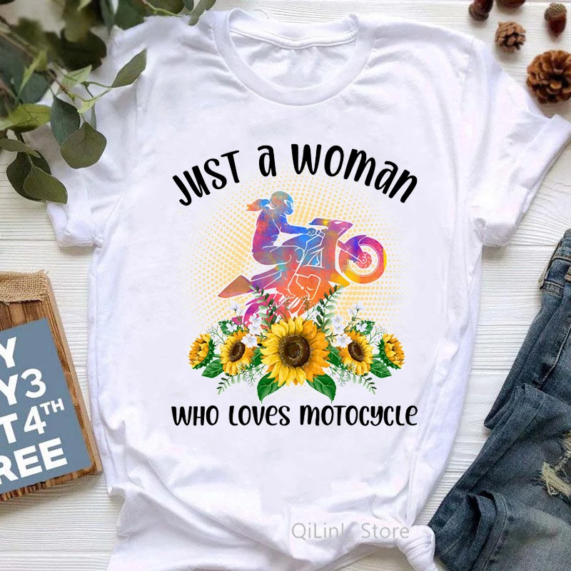 

I'M A Simple Woman I Love Motorcycle And Wine Letter Print T-Shirt Women'S Clothing Watercolor Flowers Tshirt Femme Streetwear