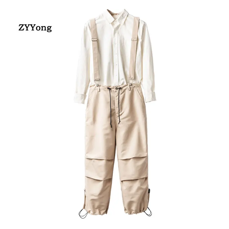 Jumpsuit Men Bib Overalls Japanese Style Cargo Pants Men Loose Beam Feet Drawstring Hip Hop Streetwear Casual Black Trousers