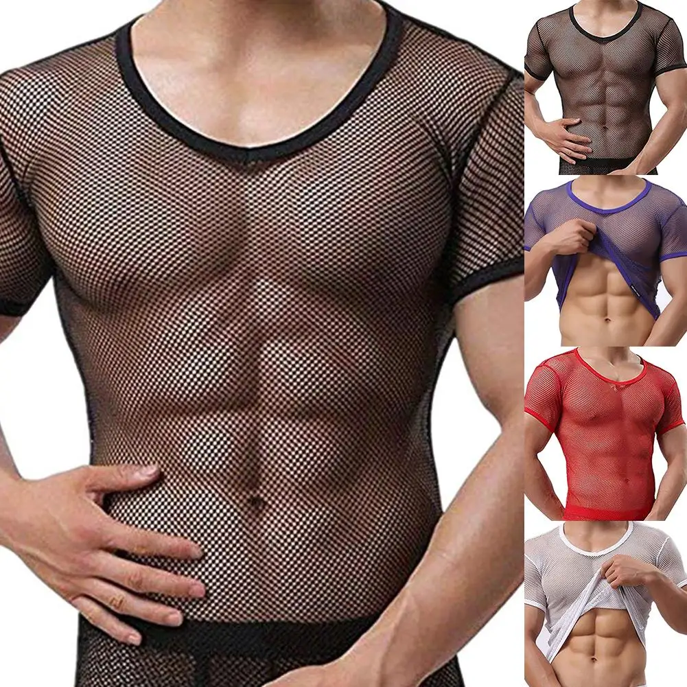 Mens T-shirt Undershirt Breathable Slim Mesh Tees Shirt See Through Sheer Short Sleeves T Shirts Sexy Transparent Shirt