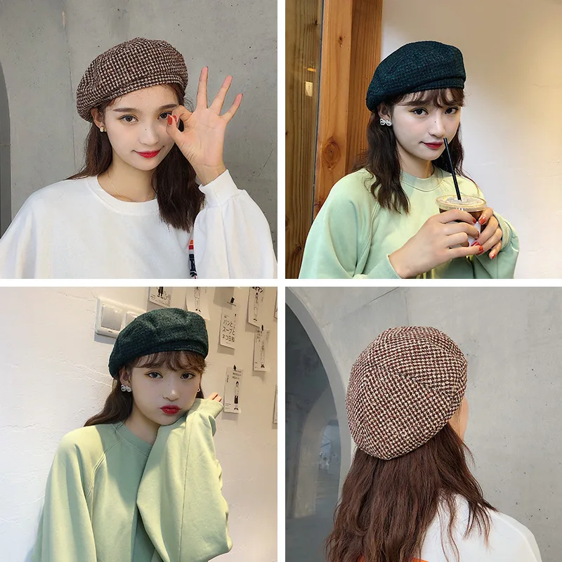 

New Girls Autumn And Winter Woolen Plaid Berets Adult Female Octagonal Cap Retro British Pop Element Hair Decoration