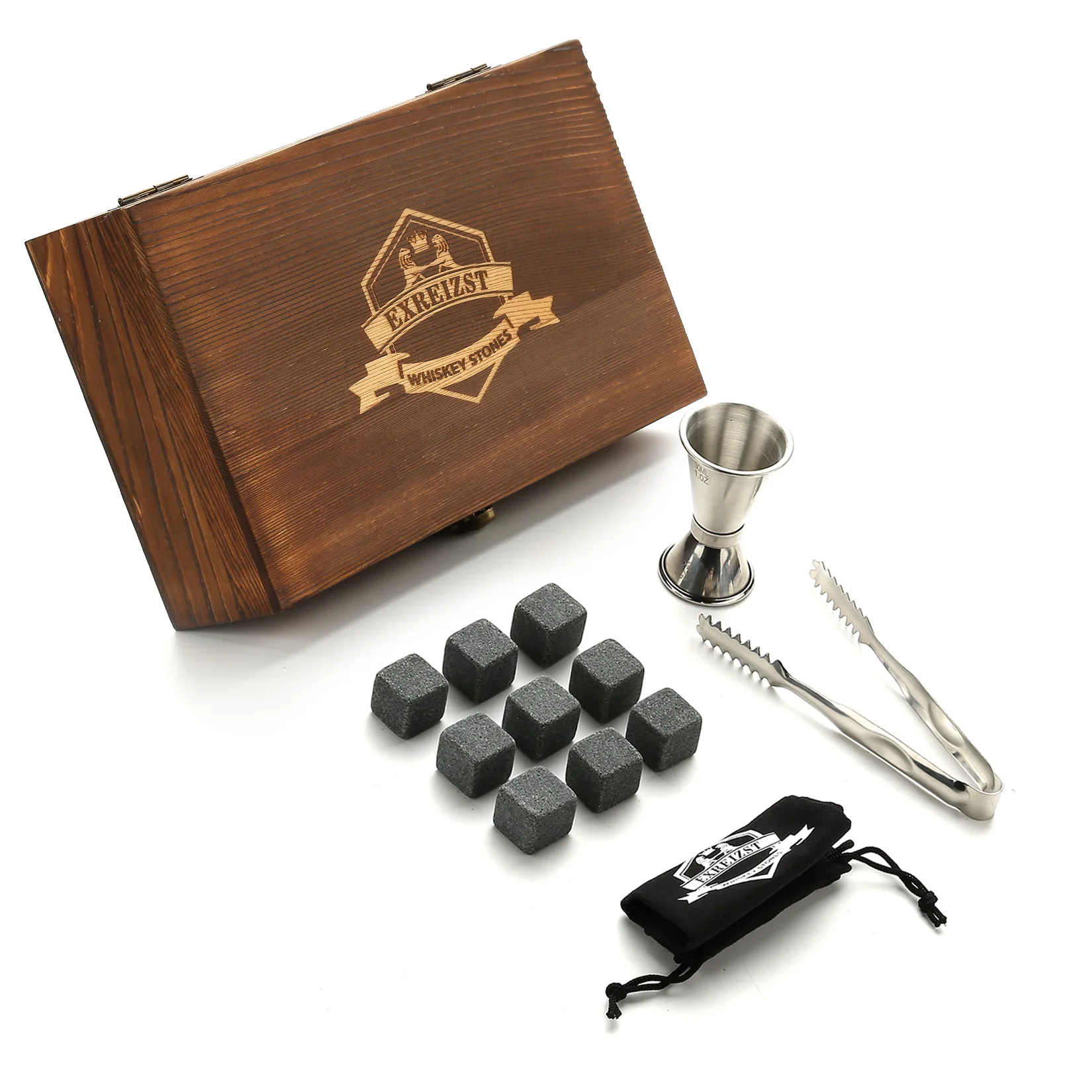 Whiskey Stones Gift Set 9 Granite Chilling Stones Whisky Rocks Reusable Ice Cubes With Jigger Best Drinking Gifts for Men