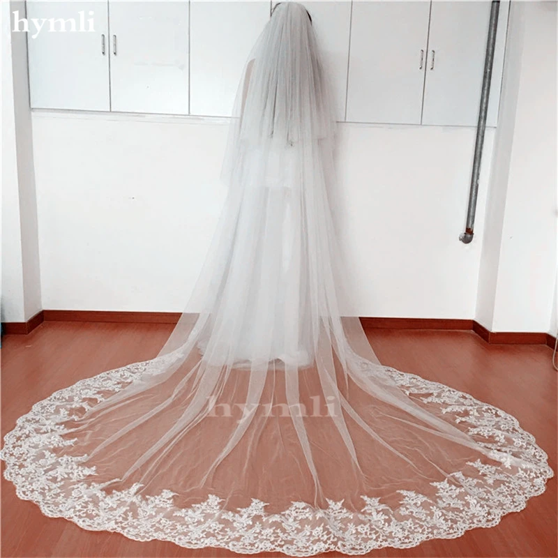 Real Photos 2 Tier Lace Bridal Veil 3M Cathedral Length Wedding Veil Bridal Illusion Wedding Accessory Blush Veil