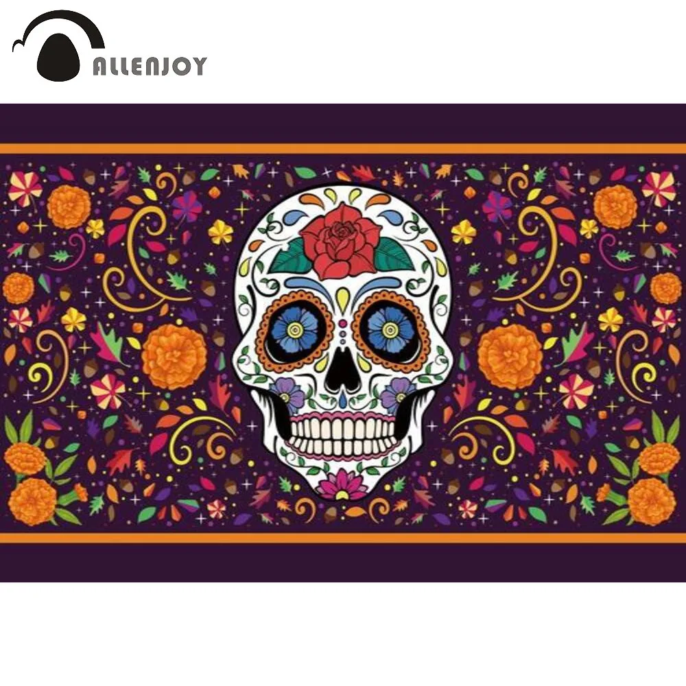 

Allenjoy Sugar Skull Backdrop Fiesta Mexico Party Day of the Dead Marigold Flower Carnival Decoration Anniversary Background