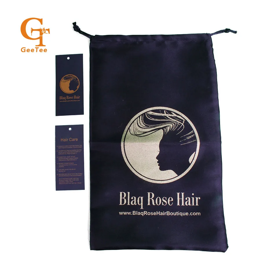 Customize soft satin bag and wig hang tag sets with private logo print