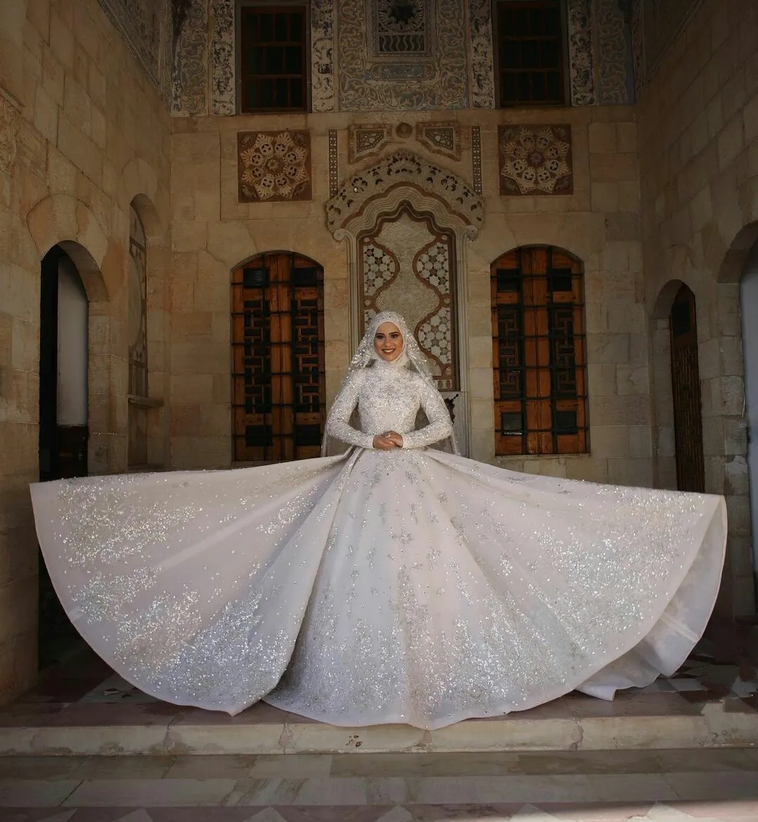 Robe de mariée de ligne A, en dentelle, paillettes, manches longues, rétro, avec Hijab