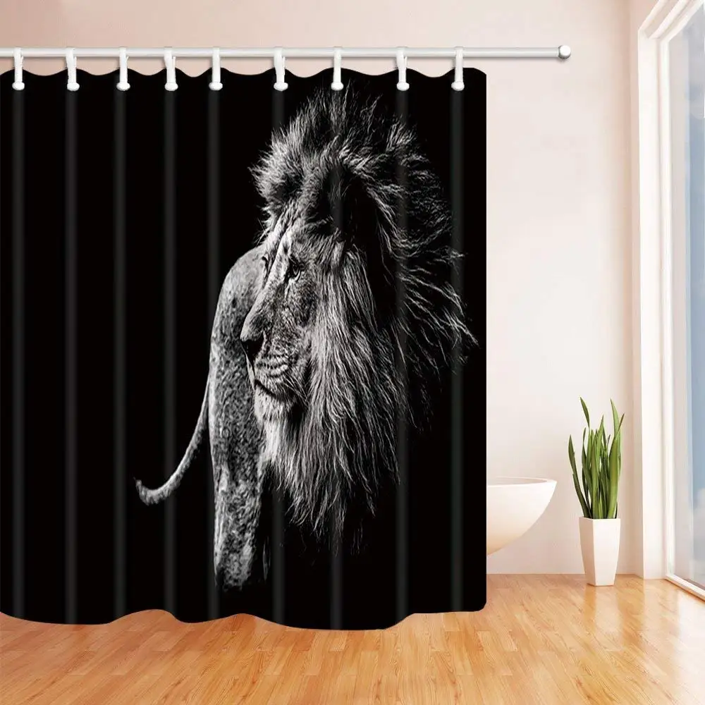 Safari Wild Animals Shower Curtains for Bathroom a Lion in Black and White Looks Polyester Fabric Waterproof Shower Curtain