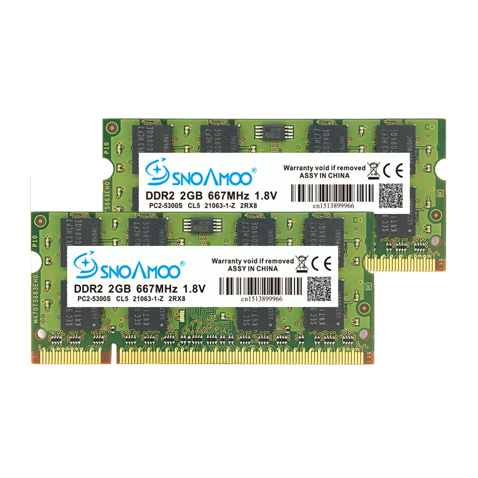 SNOAMOO Laptop RAMs DDR2 1GB 2GB 667MHz PC2-5300S 800MHz PC2-6400S 200 Pin CL5 CL6 1.8V 2Rx8 SO-DIMM Computer Memory Warranty