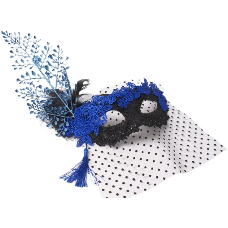 

Blue Lace Full Face Party Mask with Flower