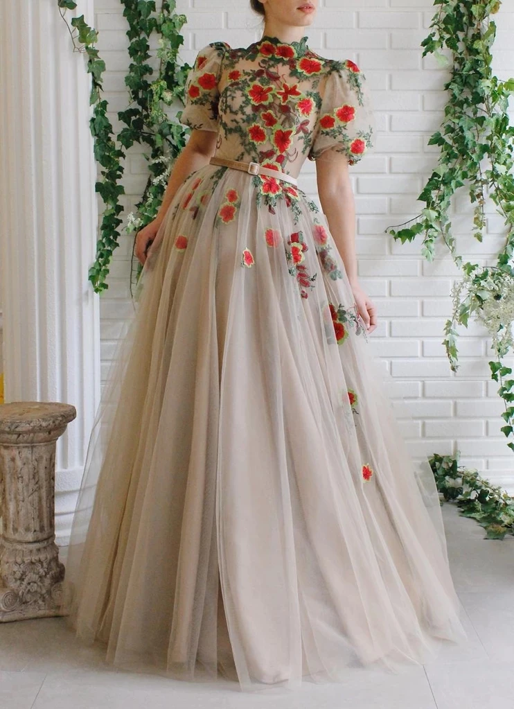 Moroccan Muslim Evening Dresses A-line Short Sleeves Tulle Appliques Long Luxury Turkey Dubai Saudi Arabia Prom Dress Gown