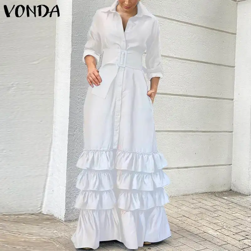 Vonda Herfst Elegante Shirt Jurk 2023 Vrouwen Party Maxi Jurken Dames Lange Mouwen Solid Revers Knop Belted Elegante Lange Vestido