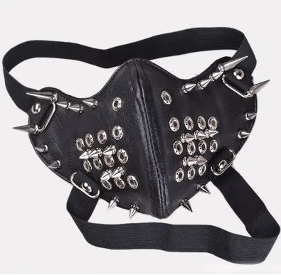 Máscara y gafas de cuero de PU negro con remaches largos, moda Punk, motociclista, Cosplay, antipolvo, remache deportivo, máscara y gafas