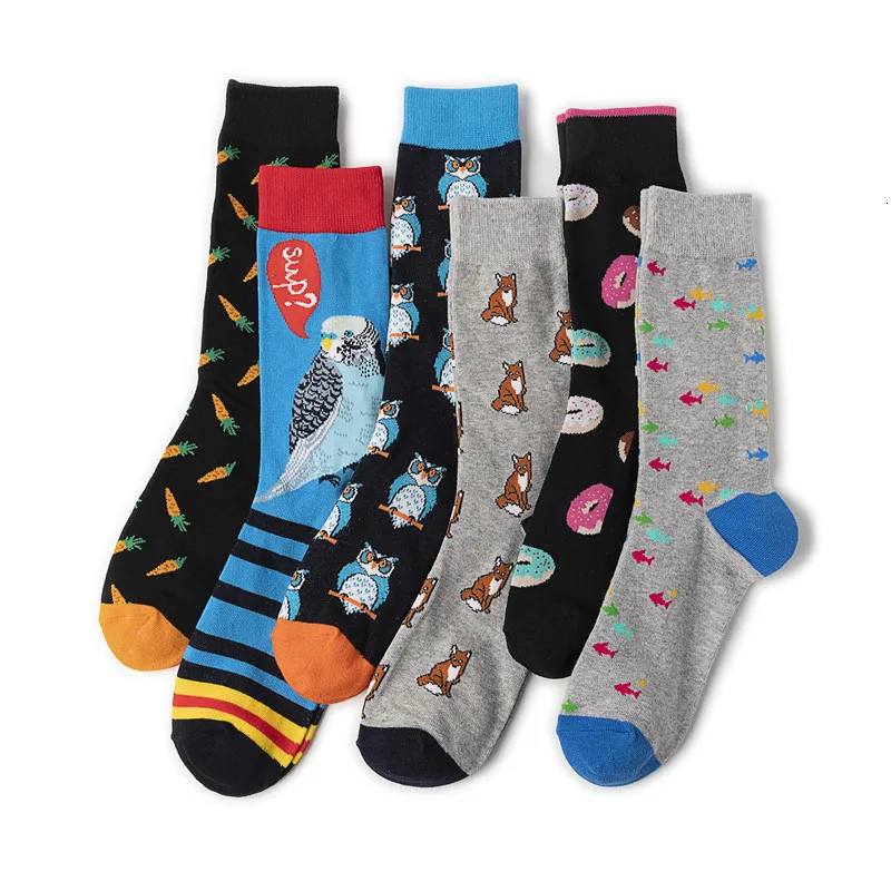 Fashion Harajuku Hip Hop Street Trend Men Combed Cotton Socks Creative Owl Fox Doughnut Novelty Pattern Happy Casual Skate Socks