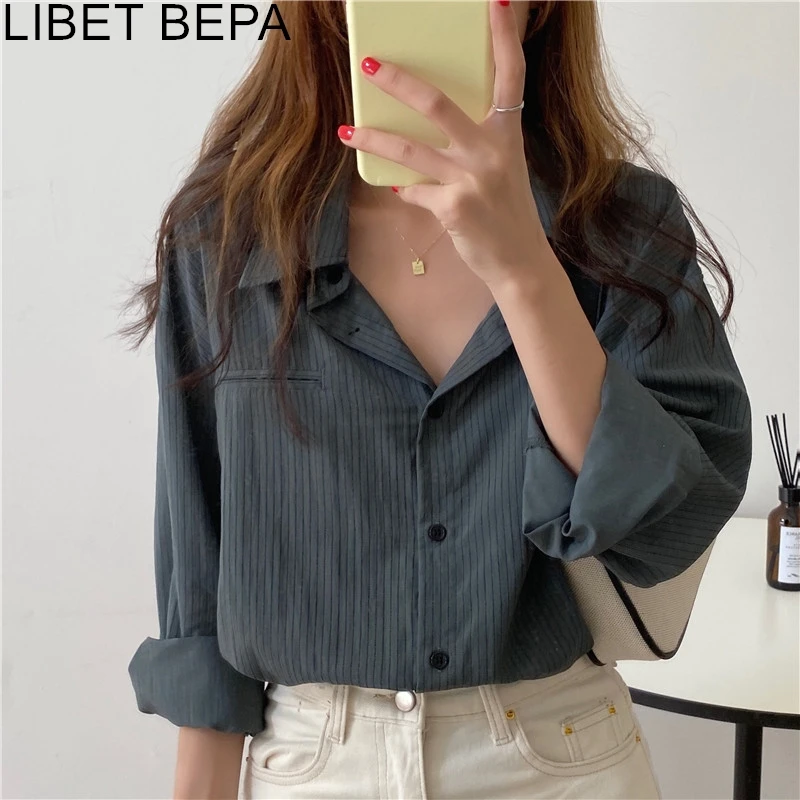 New 2024 Autumn Winter Women\'s Blouses Striped Casual Fashionable Vintage Oversize Office Lady Wild Standard Shirts Tops BL9129