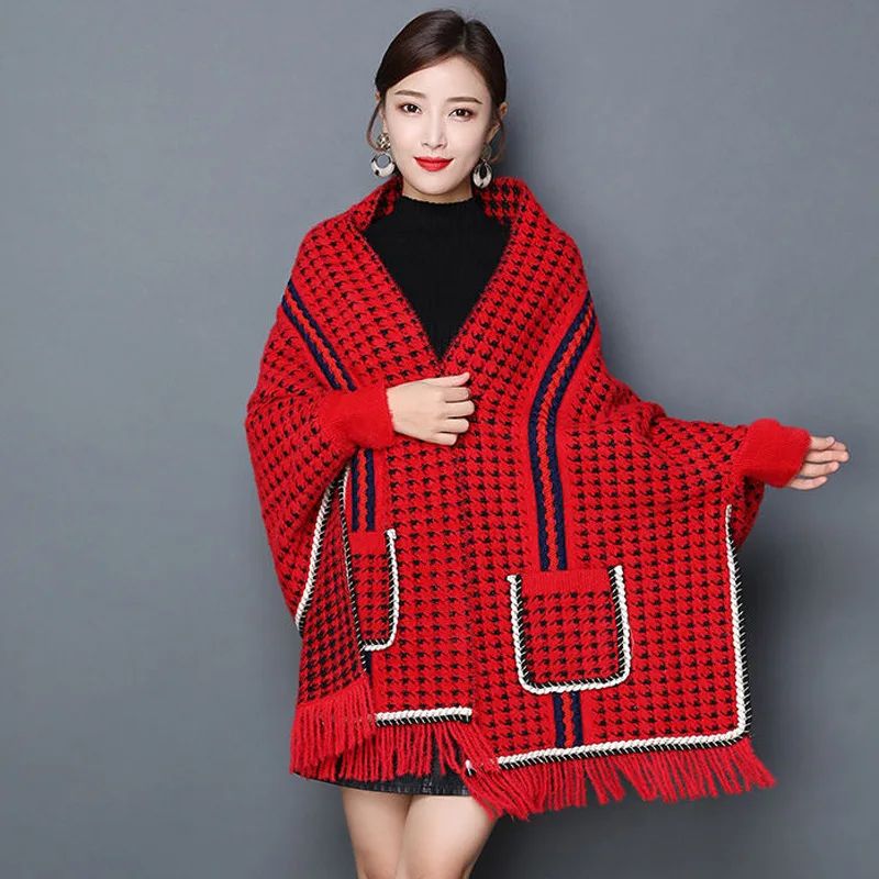 

Women Blanket Wrap Houndstooth Knitted Cardigan Scarf Shawl Poncho Cape Winter Warm Thick Sweater Open Front Stoles With Sleeves