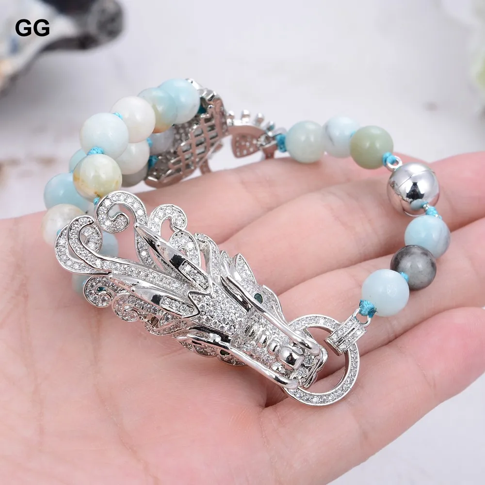 

GuaiGuai Jewelry 8" 8MM Multi Color Amazonite Bracelet Dragon CZ Pave Connector