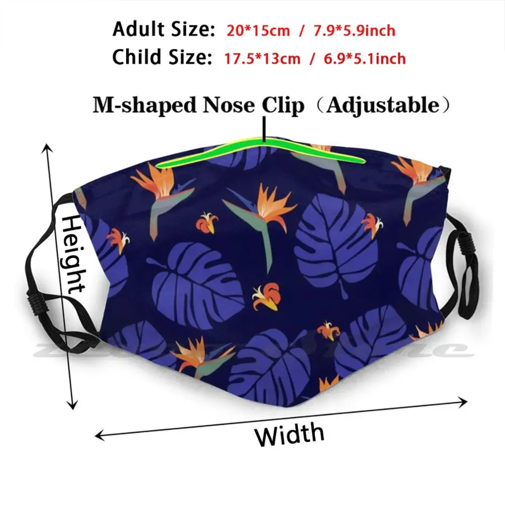 Birds Of Paradise Blue Pattern Mask Cloth Washable DIY Filter Pm2.5 Adult Kids Tropical Pattern Blue Monstera Plant Leaves