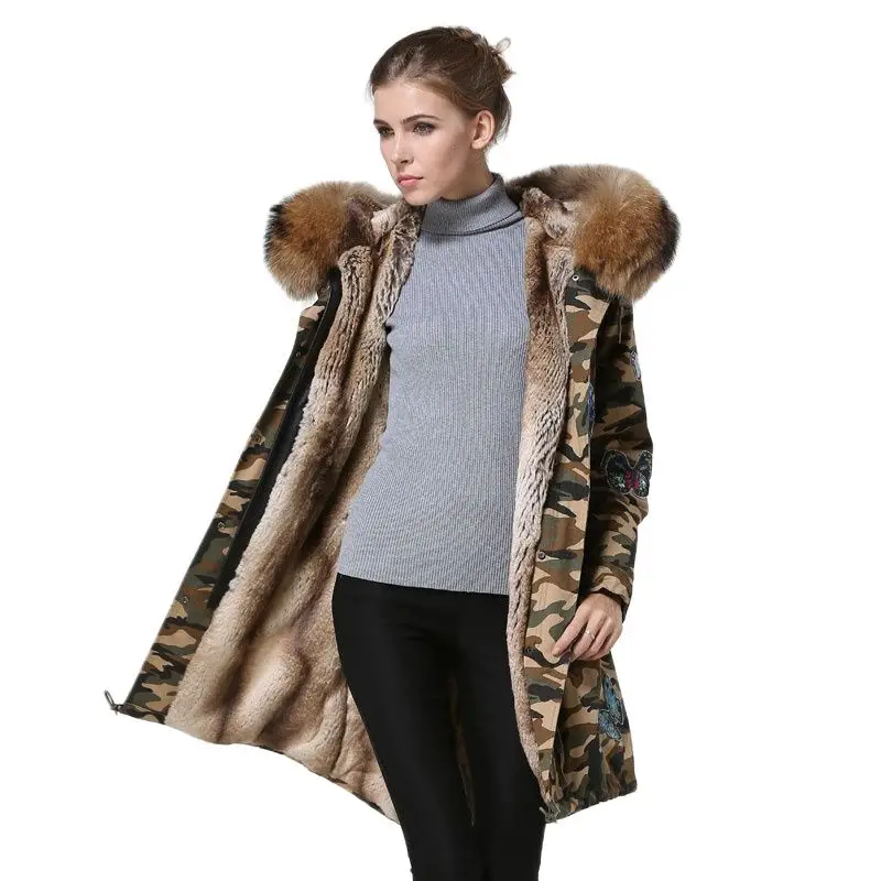 Camouflage Long Parka Ladies Fashion Wear,Natural Raccoon Fur Hoodies Street Fashion Wear