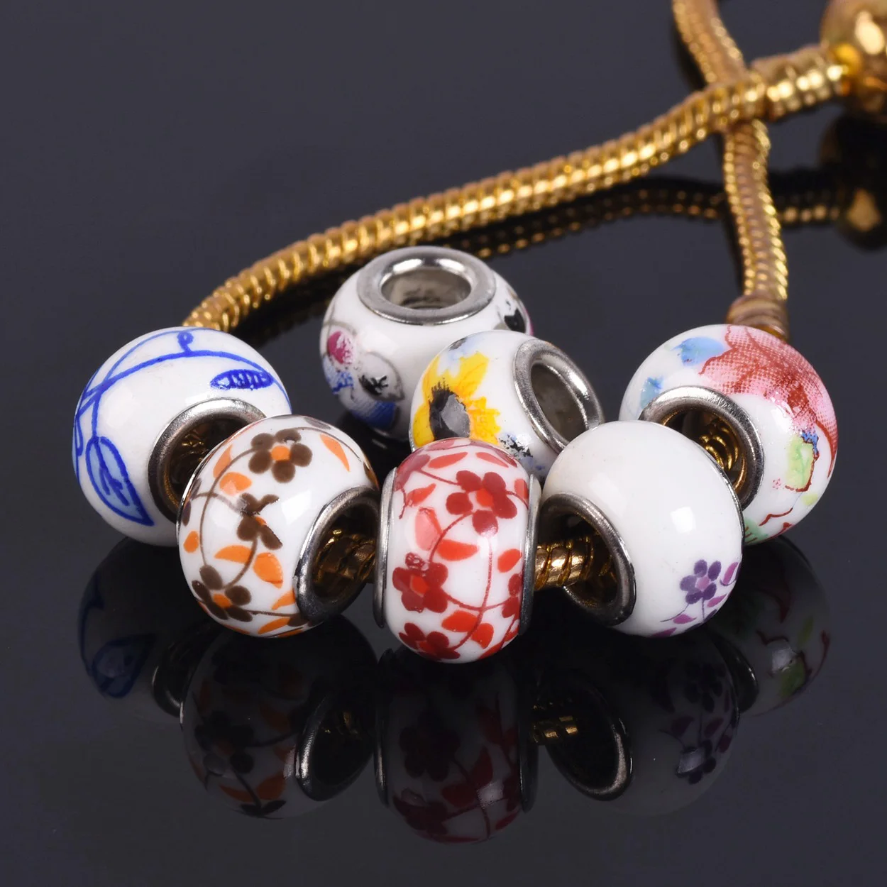 10pcs 12x9mm Flower Patterns Round Ceramic Porcelain European Charms Loose Big Hole Beads Lot for DIY Bracelet Jewelry Making