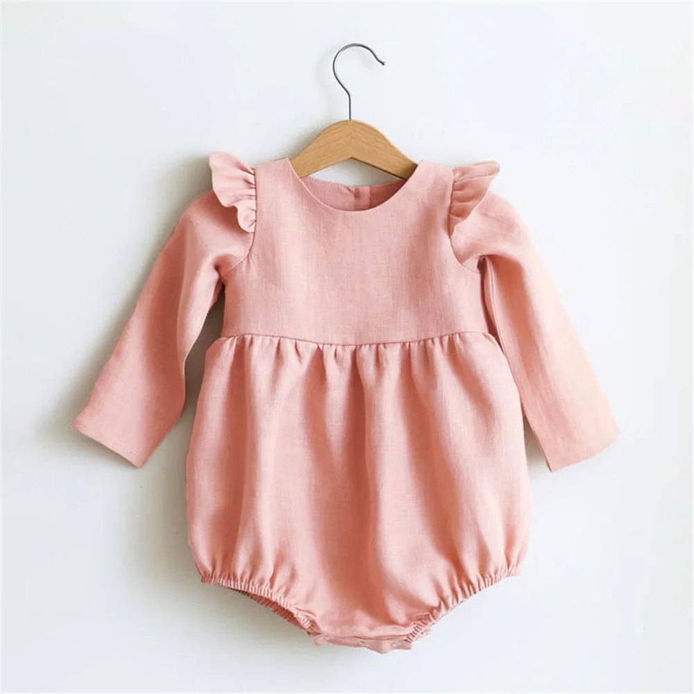 Baby Girl Clothes Solid Color Long Sleeve Baby Clothing Jumpsuits 0-24M 100% Cotton Linen Newborn Baby Girl Rompers