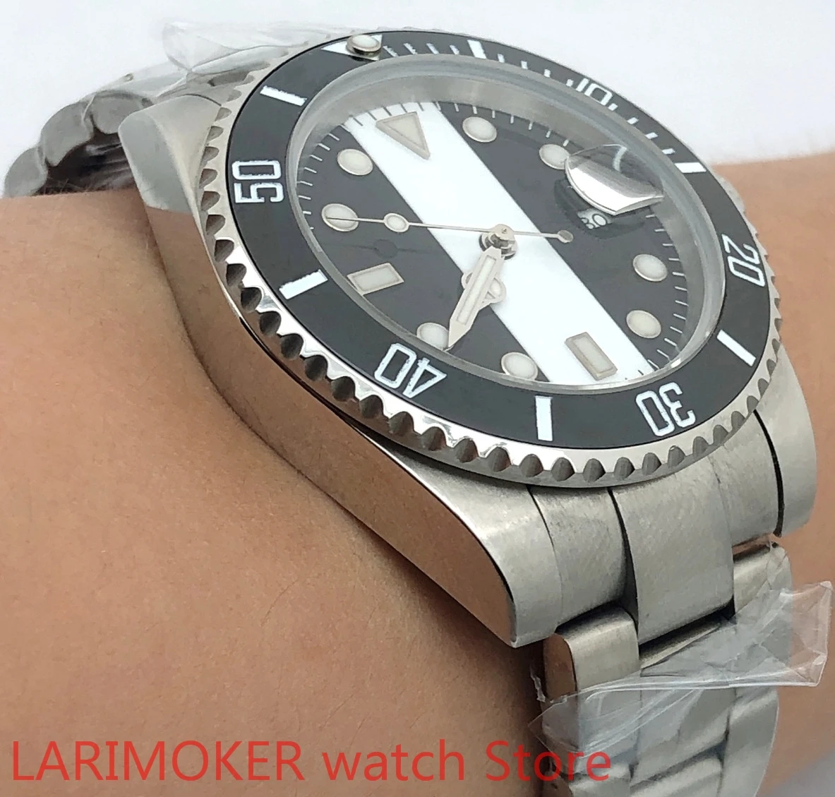 الفولاذ المقاوم للصدأ حزام سوار الياقوت الزجاج الأسود الأبيض الهاتفي الأسود الحافة التلقائي لف مقاوم للماء 100 م ساعة رجالي