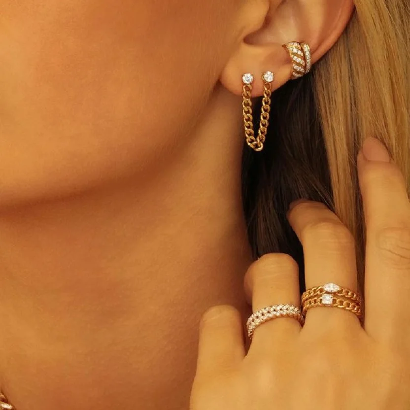 2026 New Double Piercing 4MM Clear Cubic Zirconia CZ 3MM Cuban Link Chain Tassel Dangle Earring