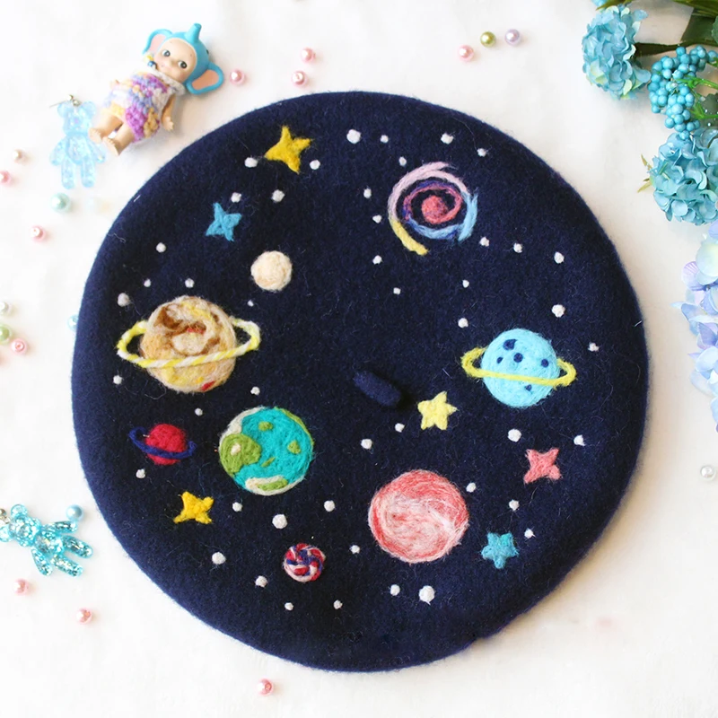 Faramita Holiday Painter Hat Women Kids Girls Boys French Berets Colorful Planet Parents-child Beret Winter Handmade Manual Hats