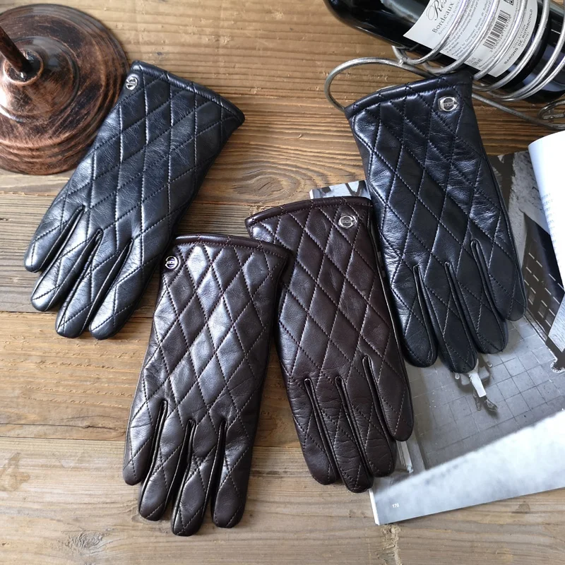 

High-End Real Leather Gloves Male Diamond Lattice Cashmere Lined Thermal Imported Lambskin Locomotive Men Driving Gloves EM020NZ