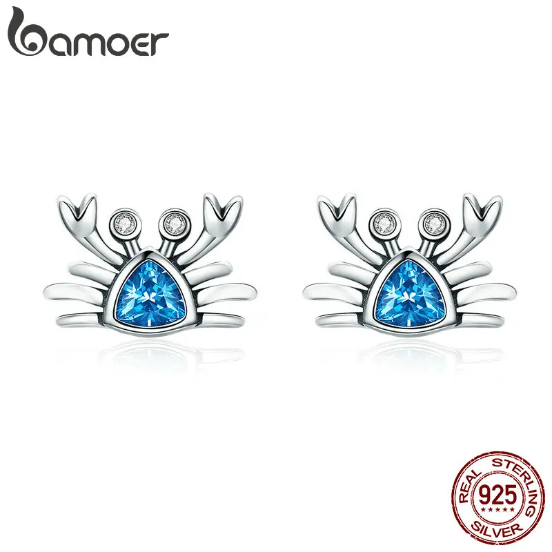 

BAMOER 100% 925 Sterling Silver Cute Ocean Crab Small Blue CZ Stud Earrings for Women Fashion Earrings Jewelry Gift S925 SCE413