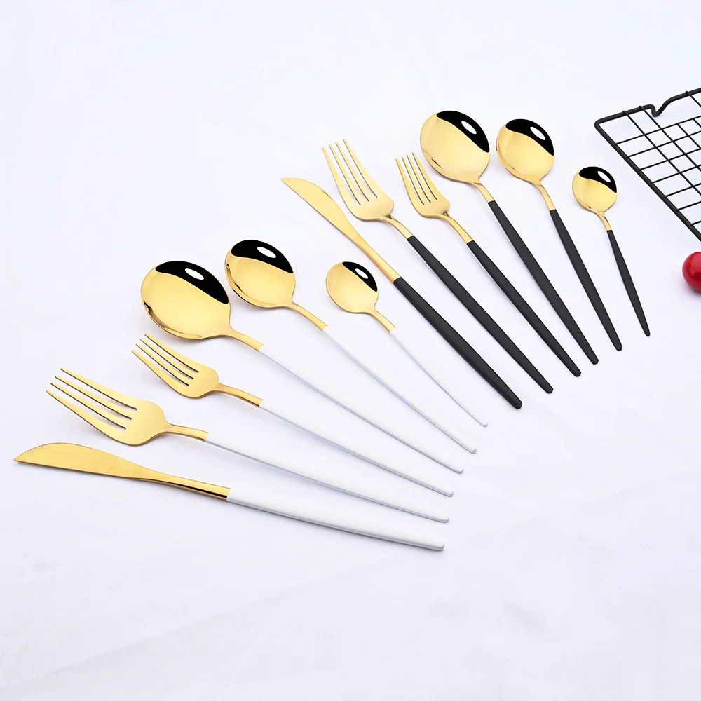 36Pcs White Gold Dinnerware Cutlery Set Knife Dessert Fork Coffee Spoon Flatware Stainless Steel Silverware Party Tableware Set