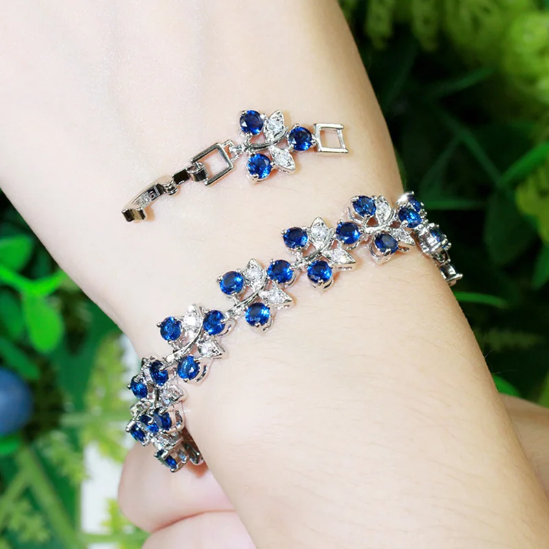 Pera Elegant Royal Jewelry White Gold Color Big leaf Shape Roman Women Bangles & Bracelets With Blue Cubic Zirconia Stone B072