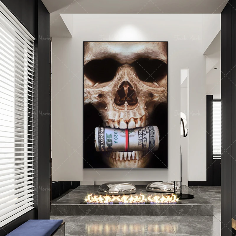 Abstract Skull Head with Money Canvas Posters and Prints Dollar Art Canvas Paintings on The Wall for Home Bar Wall Decor Picture - view 3