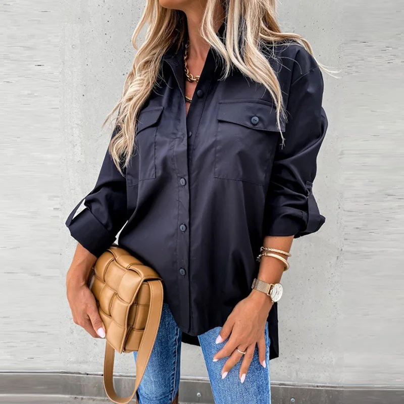 Women Casual Long Sleeve Pockets Lapel Shirts Elegant White Blouses Vintage Harajuku Button Loose Tops Irregular Tunic Autumn