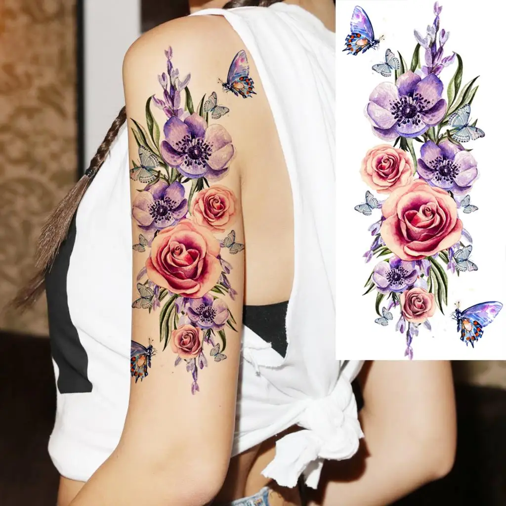 Watercolor Lily Flower Butterfly Temporary Tattoos For Women Adult Girl Peony Rose Anchor Fake Tattoo Arm Waterproof Tatoo Decal