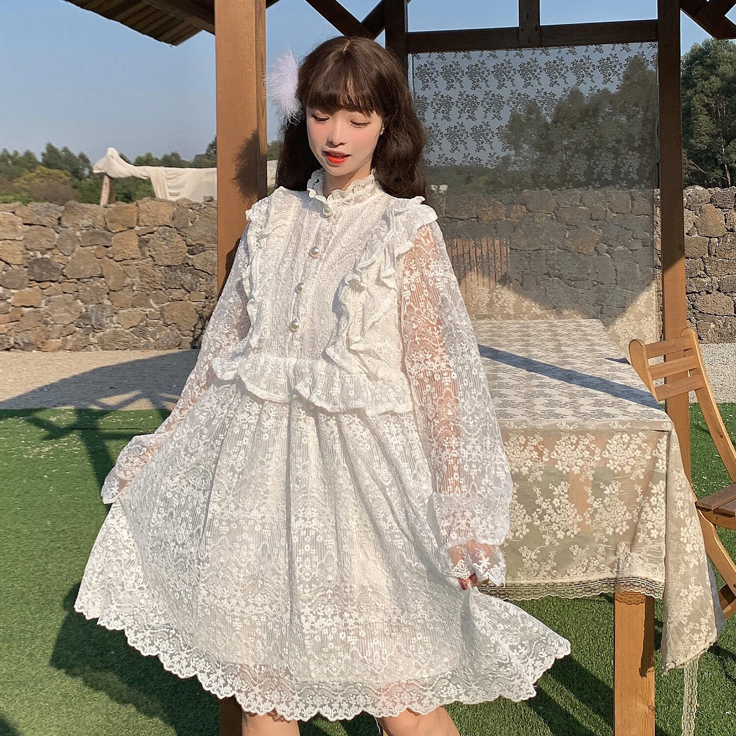 Primavera 2020 new sweet fairy hollow lace fungo manica lunga mezza lunghezza gothic lolita dress women kawaii clothing loli dress