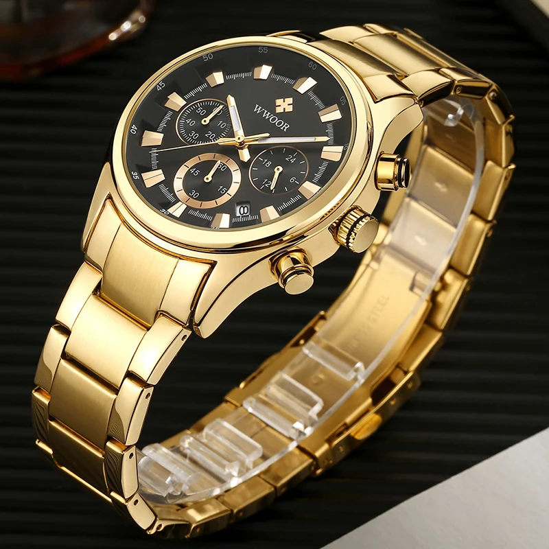 WWOOR Gold Stainless Steel Men Watch Fashion Chronograph Waterproof Quartz Watches Luminous Date Watch For Men Relogio Masculino