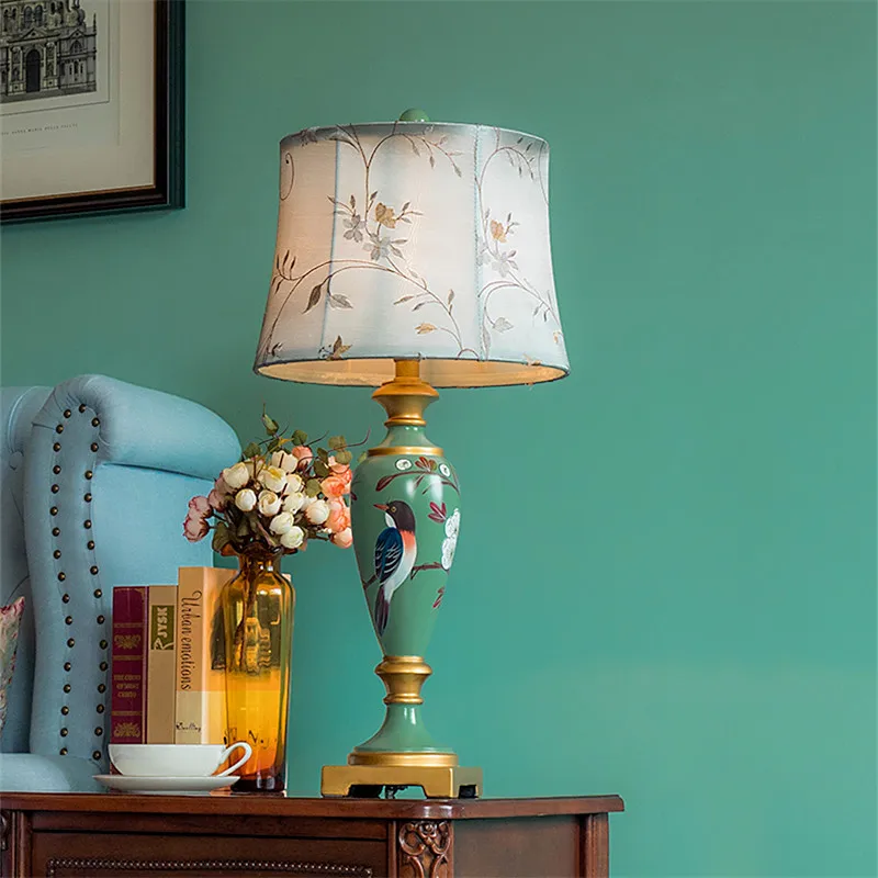 

European painted flower resin green Table Lamps American Classic rural dimmer switch fabric lamp for bedside&foyer&studio FDB005