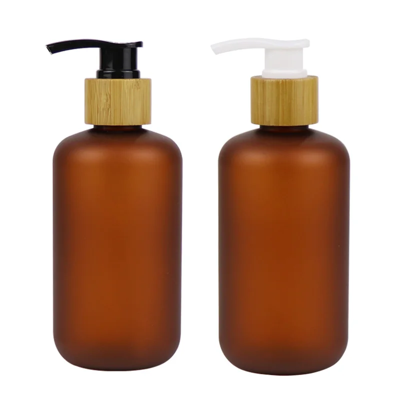 

Hot sale 60ml 120ml 250ml 500ml Frosted Amber PET Plastic Bottle with Bamboo Lid Plastic PET Shampo Bottle makeup container