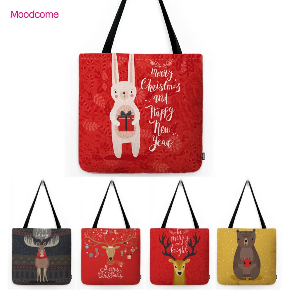 Red Christmas Joyful Cute Animal Deer Bunny Penguinn Raccoon Lovely Cotton Linen Tote Bag Water Resistant Shopper Shopping Bag