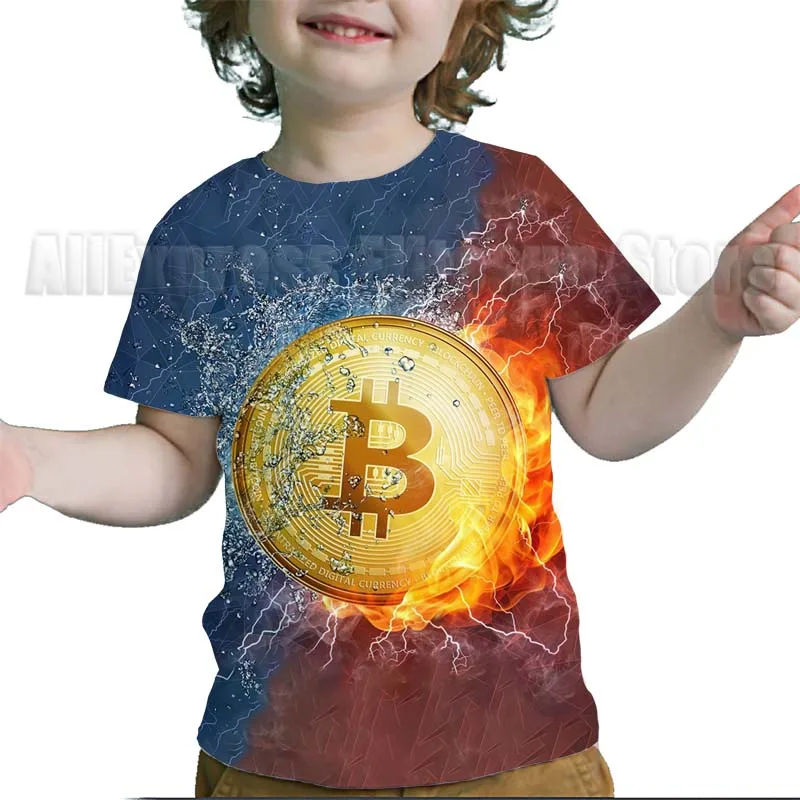 Dzieci Bitcoin 3D drukuj koszulki maluch Cartoon Anime T Shirt letnie dzieci koszulki z krótkim rękawem dla dzieci chłopcy dziewczęta topy Tee prezent