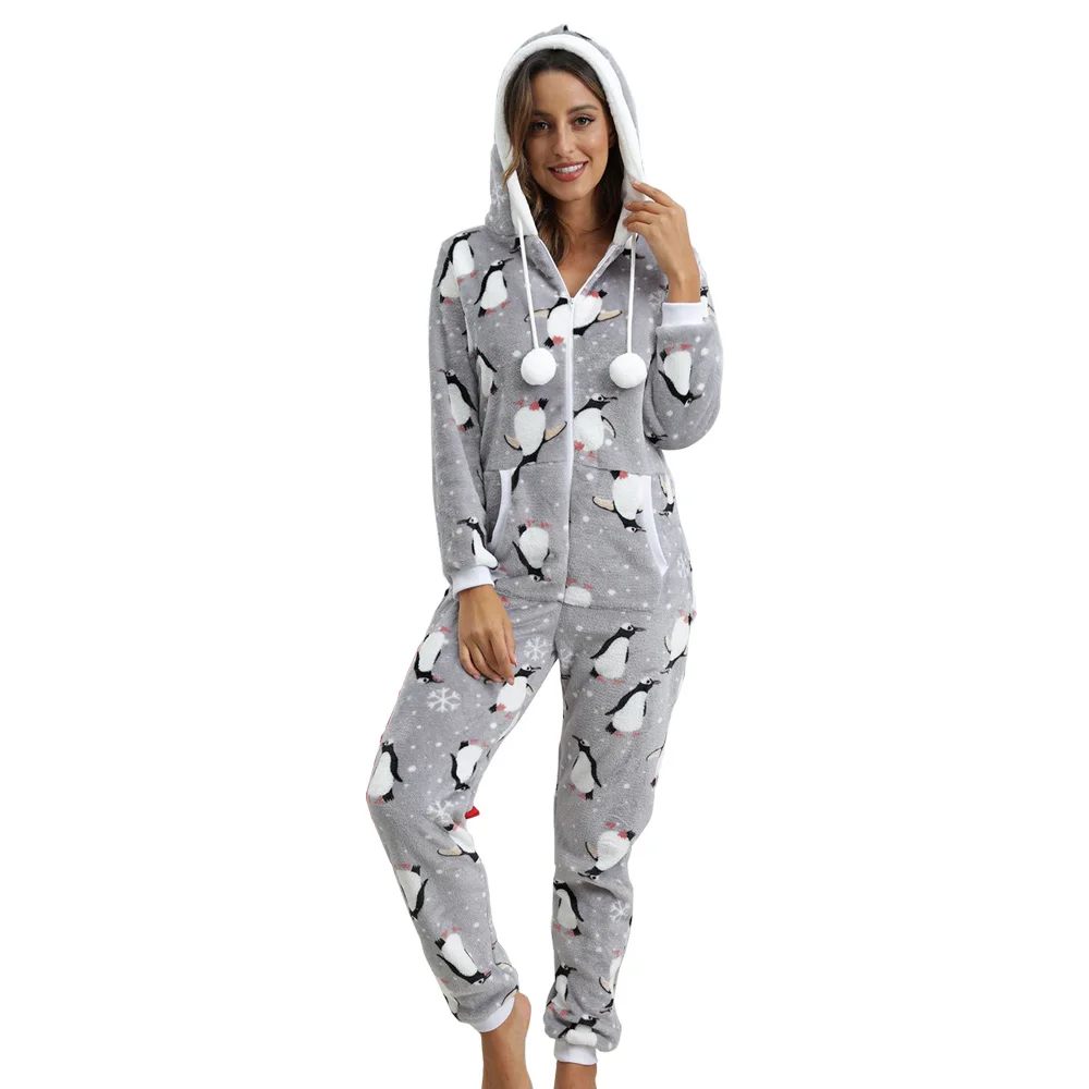 

Warm Flannel Pyjama Women Christmas Animal Print Jumpsuit Adults Winter Hoodie V-Neck Onesies Female Loungewear Zipper Sleepwear