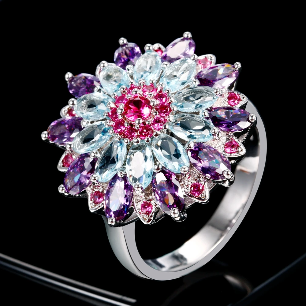 Sterling Silver 925 Multicolor Gemstone Flower Shape Top Quality New Design Jewelry Rings for Women Wedding Ring Gift