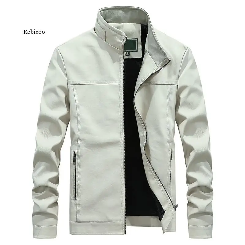 

Stand Collar White Pu Leather Biker Jacket Motorcycle 4Xl Mens Long Sleeve Faux Leather Moto Jacket Casual Boys Coat