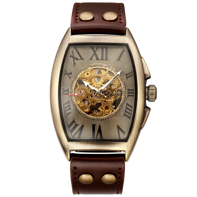 SHENHUA Men Automatic Mechanical Watch Transparent Skeleton Dial Watches Genuine Leather Band Self Winding Men Retro Watch Clock