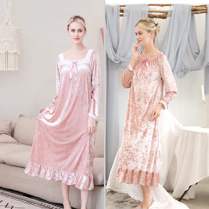 Ladies Spring Autumn Winter Long Sleeved Nightgown Single Side Flannel Long Korean Noble Luxury Princess Nightdress Home Clothes