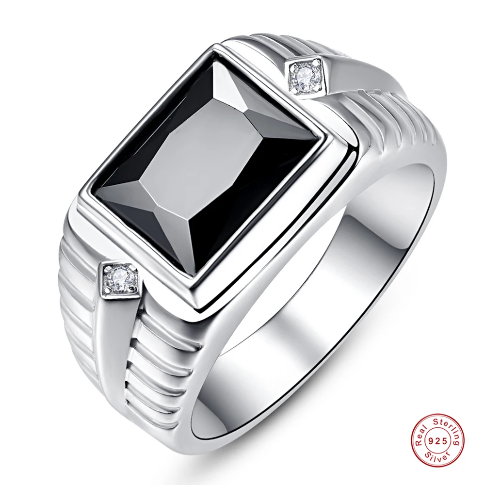 925 Sterling Silver Square Zirconia Men's Ring New Black Onyx White Cubic Zirconia Men Wedding Engagement Rings